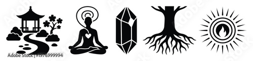 Stylized black silhouettes embodying spiritual wellness, natural balance, and personal growth through universal symbols of meditation, zen gardens, grounding roots, healing crystals, and