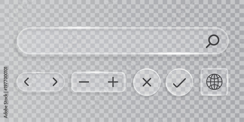 Glass Search Bar and UI Buttons Set – Liquid Glass Navigation Icons with Check Mark and Cross for Modern Interface Design
