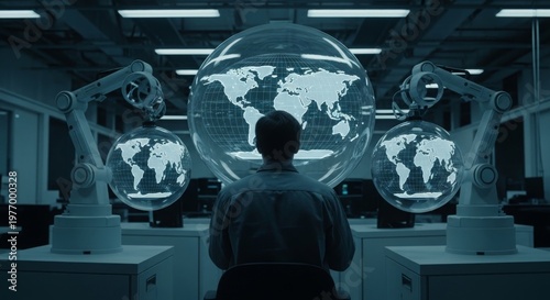 Researcher analyzing holographic world globes in advanced technology laboratory