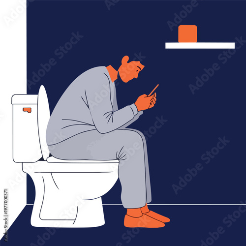 Man sitting on a toilet using a smartphone vector illustration