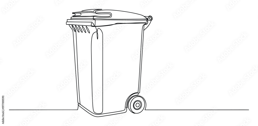 Obraz premium Continuous one line drawing of a wheeled garbage bin with lid, symbolizing waste management and environmental responsibility, perfect for sustainability projects