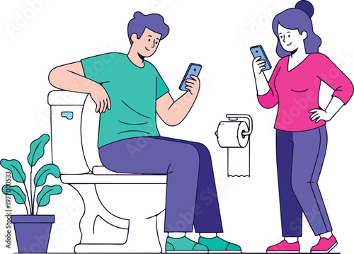 Couple Using Smartphones in Bathroom Flat Vector Illustration