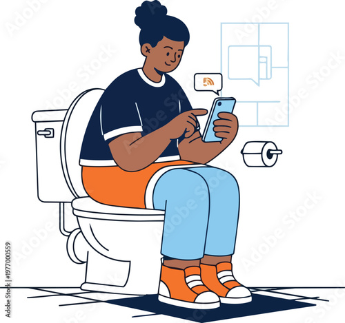 Woman Using Smartphone While Sitting on a Toilet Vector