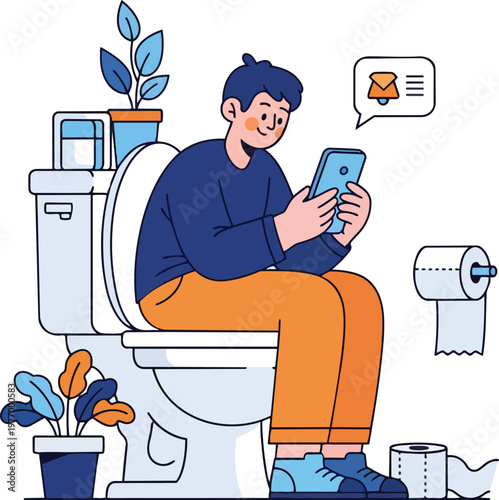 Man using smartphone while sitting on the toilet in bathroom