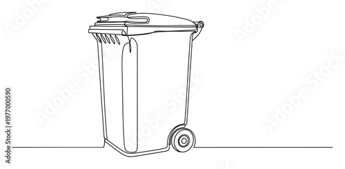 Continuous one line drawing of a wheeled garbage bin with lid, symbolizing waste management and environmental responsibility, perfect for sustainability projects