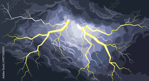 Bright yellow lightning bolt striking through dark stormy clouds