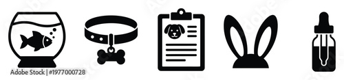 Collection of pet and animal health symbols featuring a fish in a bowl, dog identification collar, veterinary clipboard, rabbit ears, and medical dropper for diverse pet needs.