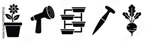 Gardening tools and plants glyph icons collection for horticulture education, home garden planning, agricultural website content, farming app interfaces, and landscaping projects
