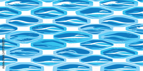 Abstract seamless pattern of blue wavy water elements within hexagonal shapes repeated across a white background representing fluidity and motion