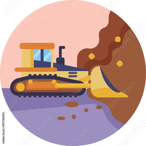 A stylized excavator with a digging arm and bucket, representing heavy machinery used for extracting gold-bearing materials.