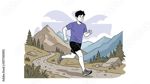 Young Man Running on a Mountain Trail Illustration - Healthy Lifestyle and Outdoor Fitness Activity in Nature Landscape