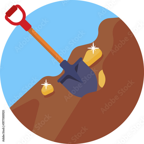 A simple shovel with a rounded blade and straight handle, symbolizing digging or excavation in a gold mine.