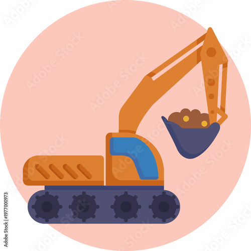 An icon representing industrial mining operations, showing an excavator in action to convey themes of resource extraction, labor, and gold mining processes.