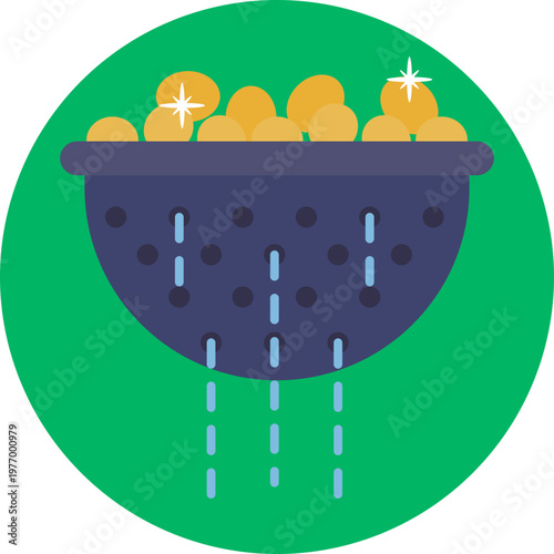 A rugged metal strainer with a wide mesh surface, symbolizing the process of filtering sediment to extract valuable gold.