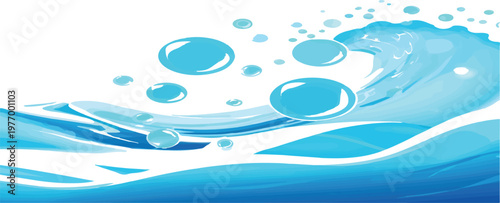 Dynamic aquatic scene featuring crashing ocean waves and floating water bubbles isolated on a clean transparent background representing motion and freshness