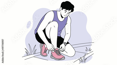 Young Man Tying Running Shoe Laces Before Workout, Preparing for Outdoor Jogging or Fitness Activity