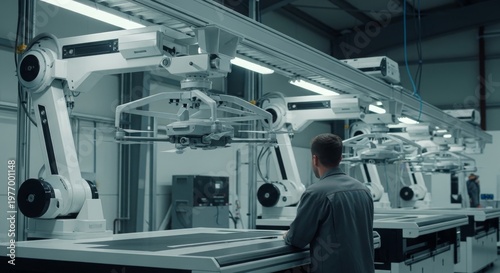 Engineer inspecting advanced robotic equipment in modern manufacturing laboratory