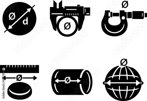 Black diameter and dimension measurement icon set
