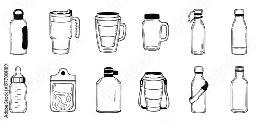 Hand drawn collection of diverse reusable drinkware including water bottles and travel mugs, perfect for illustrating sustainable lifestyle, zero waste concepts, and ecofriendly product