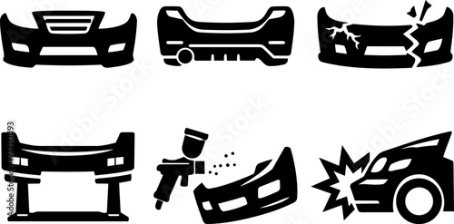 Black car bumper and auto repair icon set
