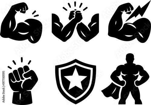 Black fitness and strength icon set isolated on white background
