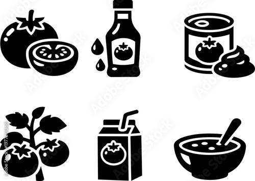 Line icon tomato ketchup sauce canned tomato and fresh vegetable set. Vector