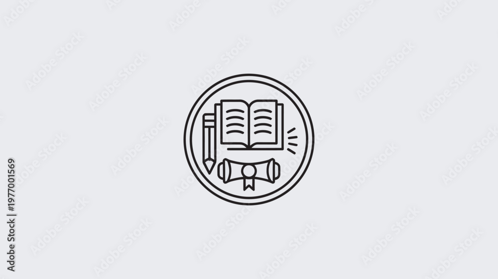 Fototapeta premium A simple black and white icon of an open book with a pencil and diploma on a light gray background