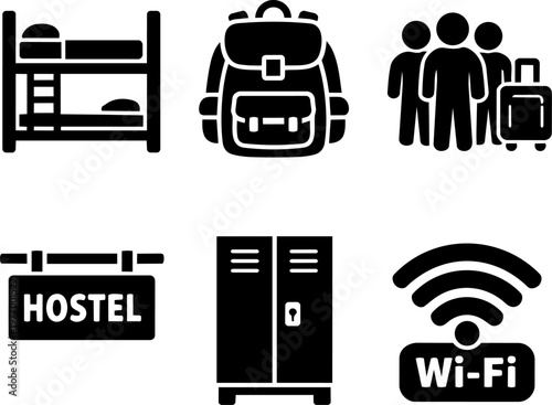Line icon hostel accommodation backpack bunk bed shower and travel services set
