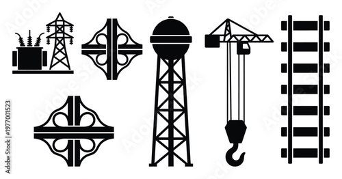 Diverse collection of vital infrastructure icons power grid elements, highway interchanges, water tower, building crane, and railroad for engineering and urban development projects.