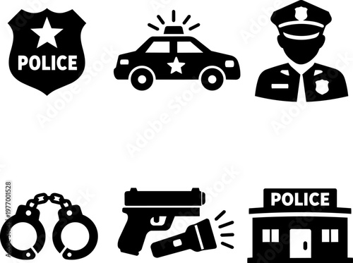 Line icon police badge patrol officer handcuffs station and law enforcement set. Vector