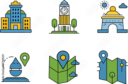 Colorful landmark icons set isolated on transparent background big ben taj mahal and more