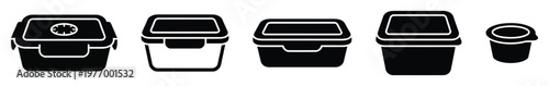 Collection of simple black and white icons representing various food storage containers and lunch boxes for kitchen organization and meal preparation applications