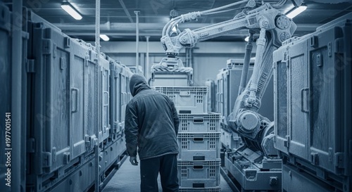 Worker supervises automated robotic arm in frozen warehouse
