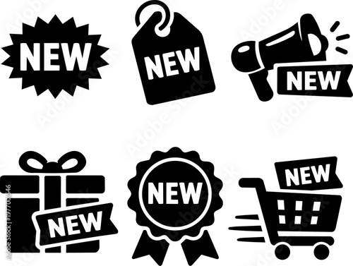 Line icon new label product launch promotion and marketing badge set
