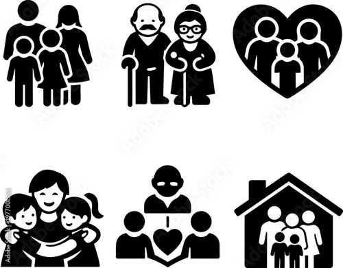 Line icon family support parenting elderly care and home protection set. Vector