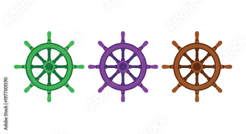 Three colorful ship helm steering wheels in green, purple, and brown on white background