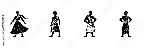 Ancient Greek Figures In Traditional Attire In Hand Drawn Style Set. Classical Mythology, Historical Costume, Cultural Heritage Doodle Sketch Collection. Isolated Vector Illustration