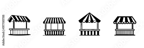 Market Stall Icons In Hand Drawn Style Set. Outdoor Vendor Booths, Street Market, Pop-Up Shop Doodle Sketch Collection. Retail And Small Business Concepts. Isolated Vector Illustration