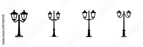 Vintage Street Lamp Post Silhouettes In Hand Drawn Style Set. Urban Lighting, Outdoor Illumination, Classic Design Doodle Sketch Collection. Architectural Elements. Isolated Vector Illustration