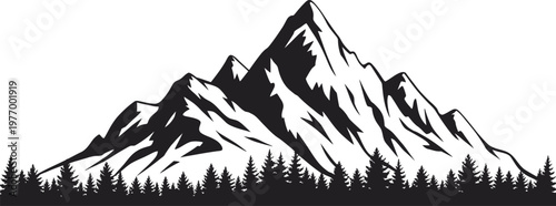 Mountain landscape with pine trees forest silhouette nature vector illustration.