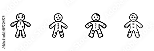 Voodoo Doll Icons In Hand Drawn Style Set. Mystical Symbolism, Magic Rituals, Supernatural Beliefs Doodle Sketch Collection. Halloween Theme. Isolated Vector Illustration