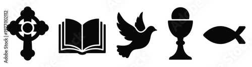 Set of Christian religious symbols including a cross, Bible, dove, chalice, and fish, perfect for spiritual teachings, faithbased designs, and church media applications.