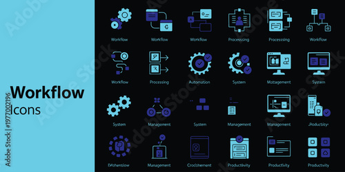 Business workflow vector icon collection, solid style, illustrating process, task planning, automation, management, and collaboration, representing efficiency, teamwork, and productivity.