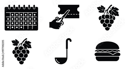 Essential food and event planning icons for digital applications and print materials including calendar, coupon, grapes, ladle, and hamburger symbols