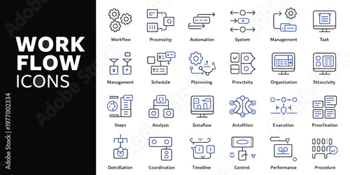 Business workflow vector icon collection, solid style, illustrating process, task planning, automation, management, and collaboration, representing efficiency, teamwork, and productivity.