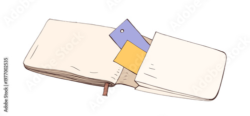 Open notebook, sketchbook with blank pages. Paper notepad, office organizer, planner, stationery with business cards in pocket. Hand-drawn vector illustration isolated on white background