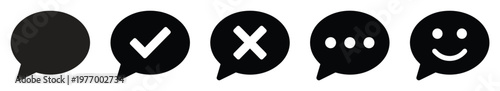 Collection of minimalist black speech bubble icons featuring common communication and feedback symbols like checkmark, cross, ellipsis, and smiley face, perfect for modern user interface