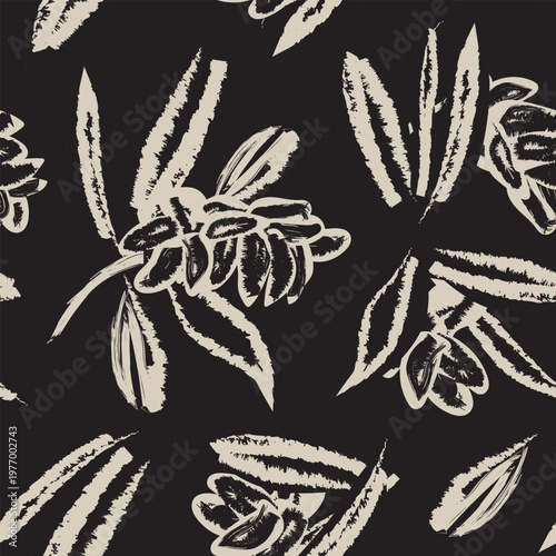 Floral Textile Design Abstract Brushstroke Flower Pattern In Black