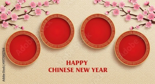A festive Chinese New Year decoration with red plates and pink flowers