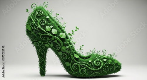 A creative green high-heeled shoe covered in vines and leaves